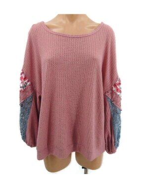 Umgee Pink Waffle Knit Puff Sleeves Top XL Lace Crochet Inset Drop Shoulder Boho
